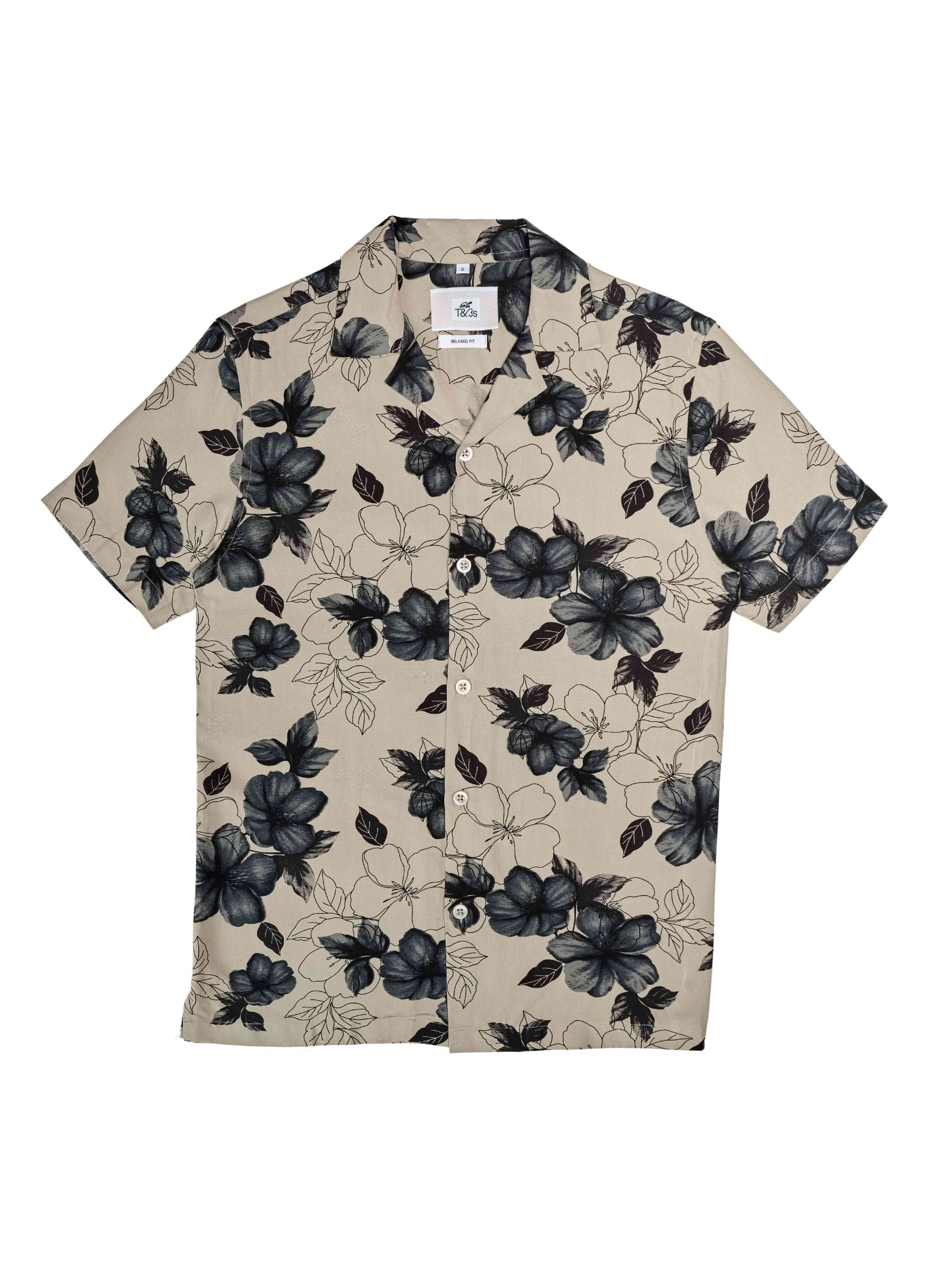 T&3s Azure Bloom Cuban Collar Viscose Shirt - Black