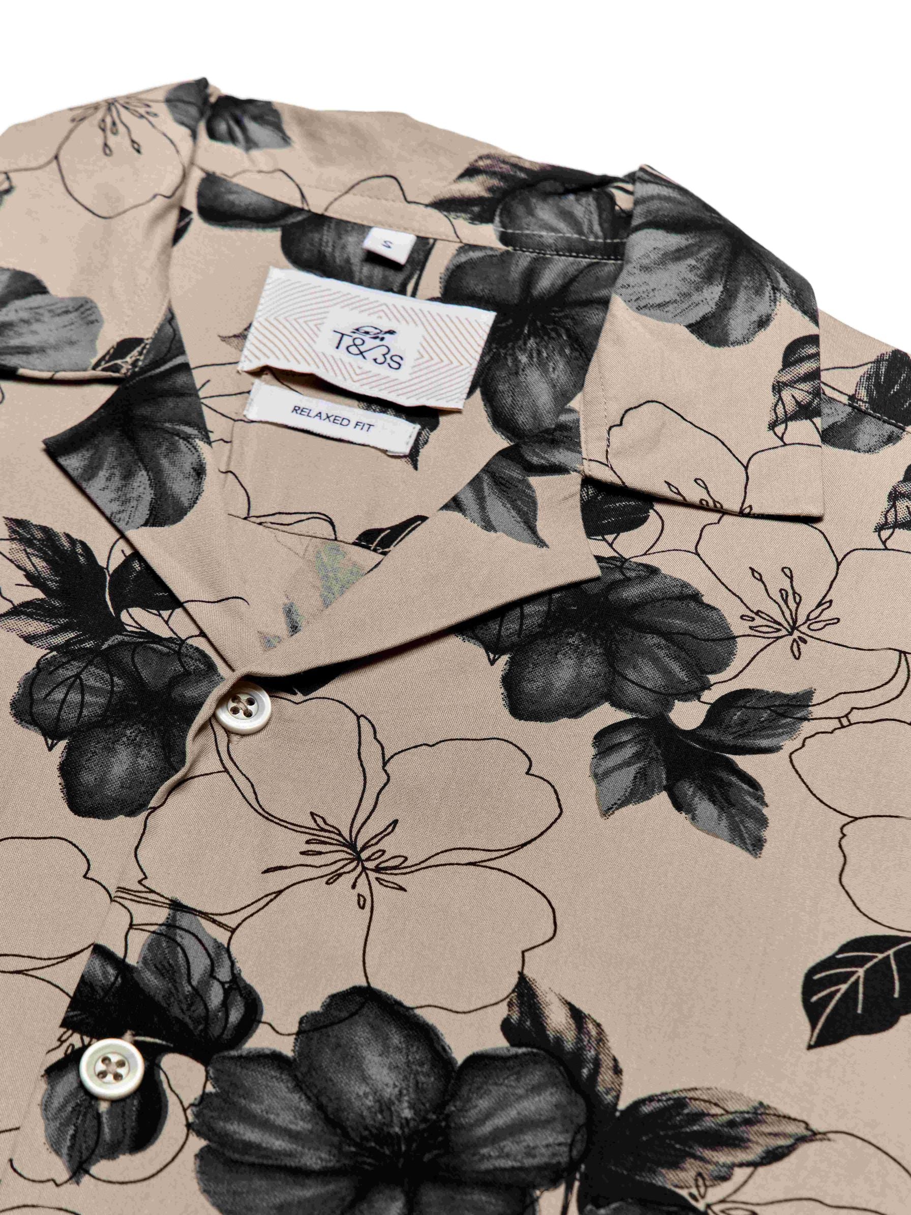 T&3s Azure Bloom Cuban Collar Viscose Shirt - Black