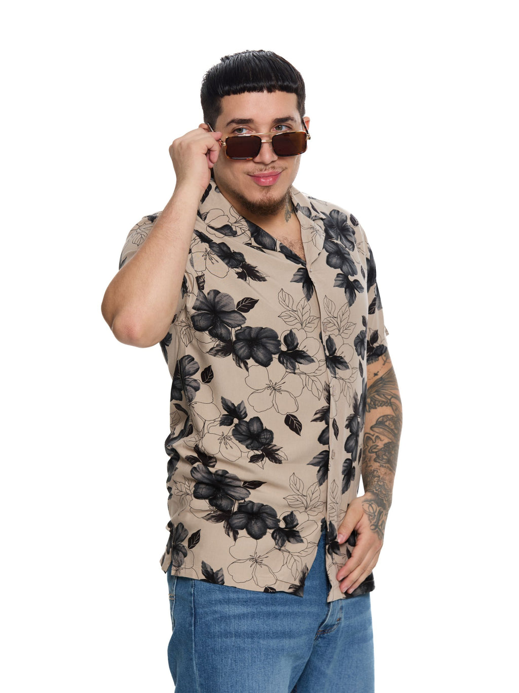 T&3s Azure Bloom Cuban Collar Viscose Shirt - Black