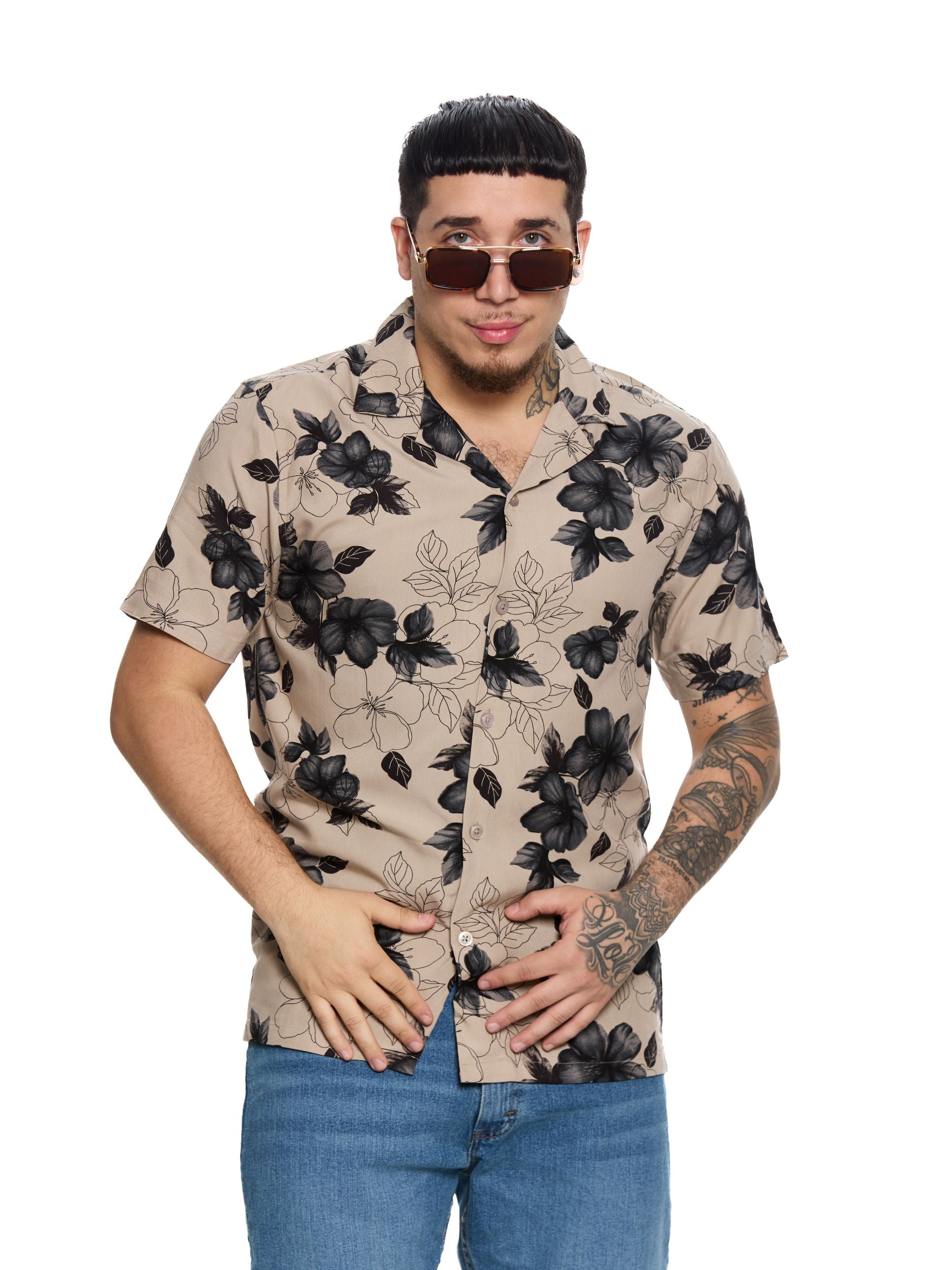 T&3s Azure Bloom Cuban Collar Viscose Shirt - Black