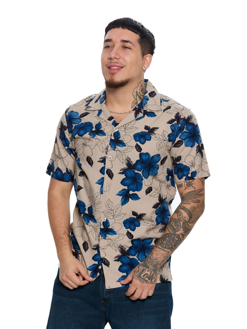 T&3s Azure Bloom Cuban Collar Viscose Shirt - Blue