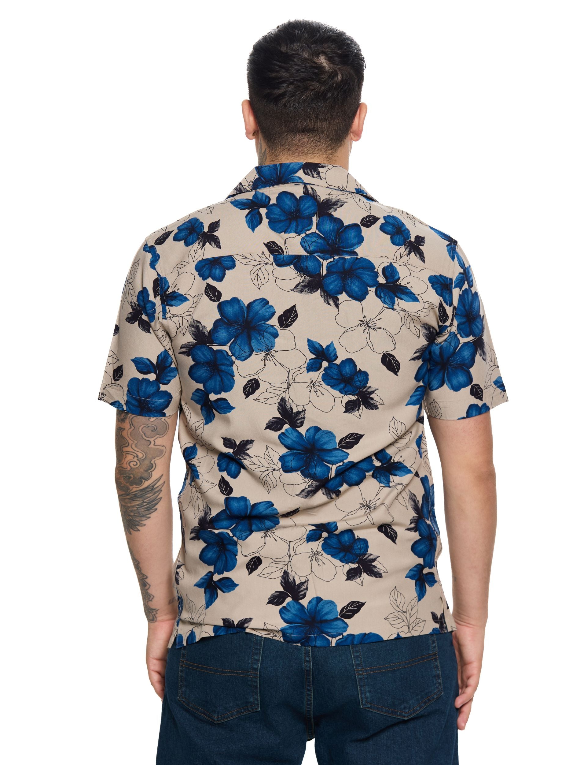 T&3s Azure Bloom Cuban Collar Viscose Shirt - Blue