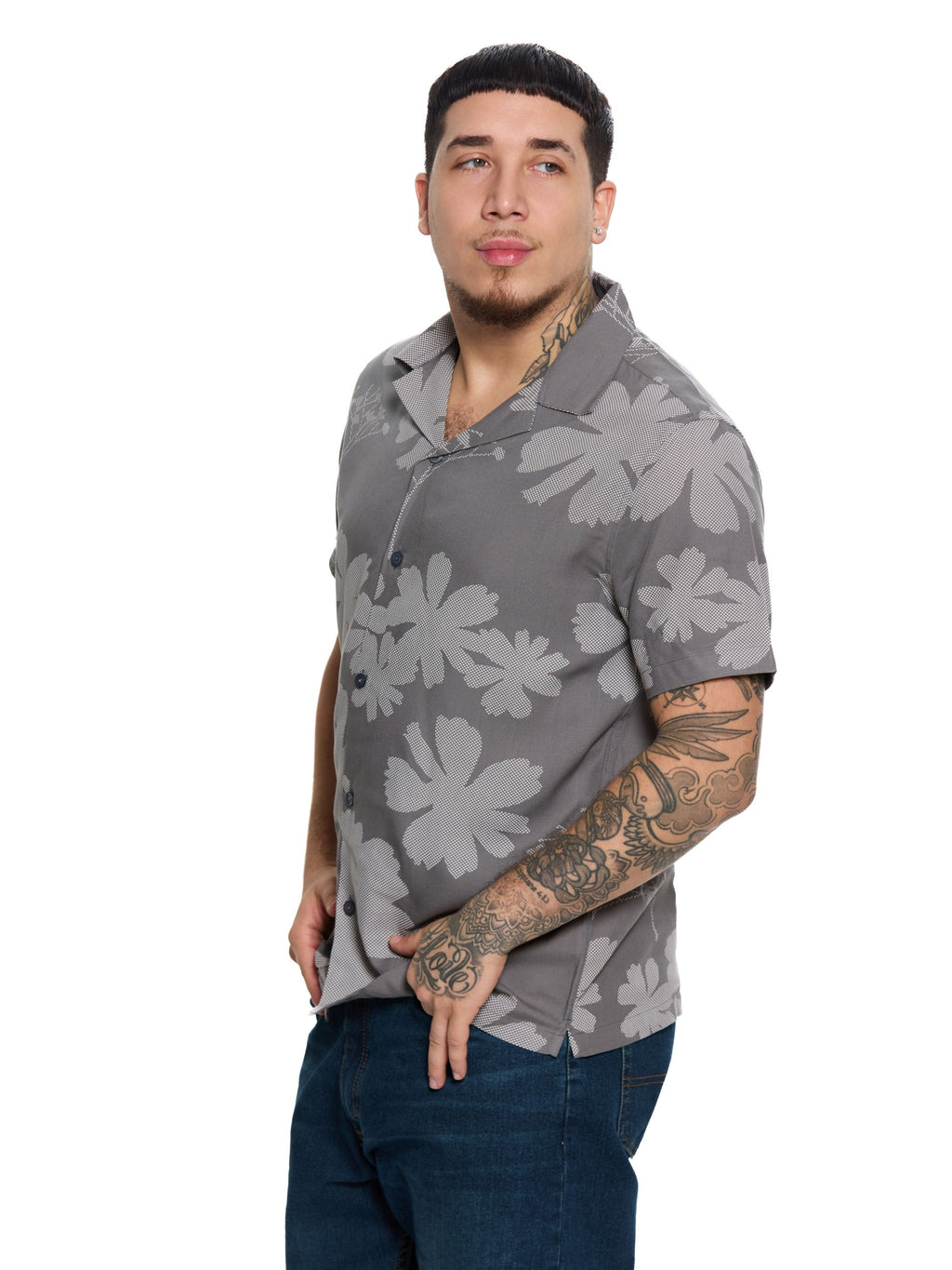 T&3s Azure Bloom Cuban Collar Viscose Shirt - Carbon Gray Floral