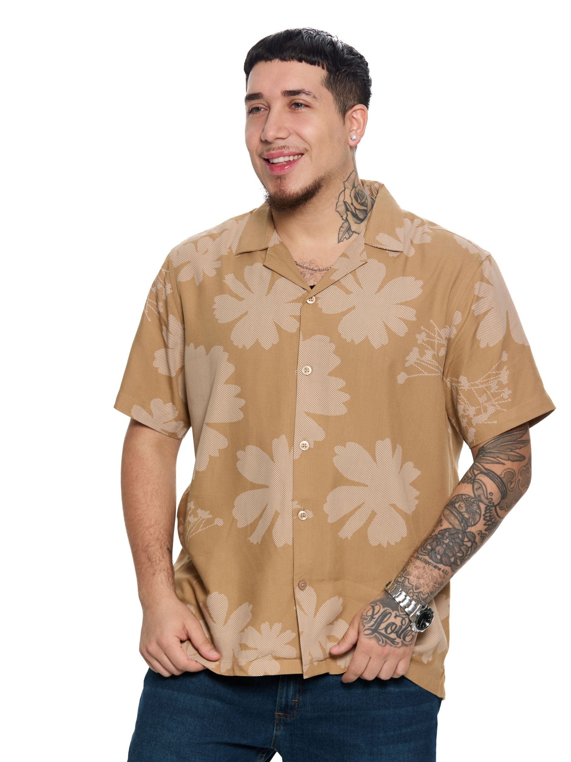 T&3s Azure Bloom Cuban Collar Viscose Shirt - Neutral Floral