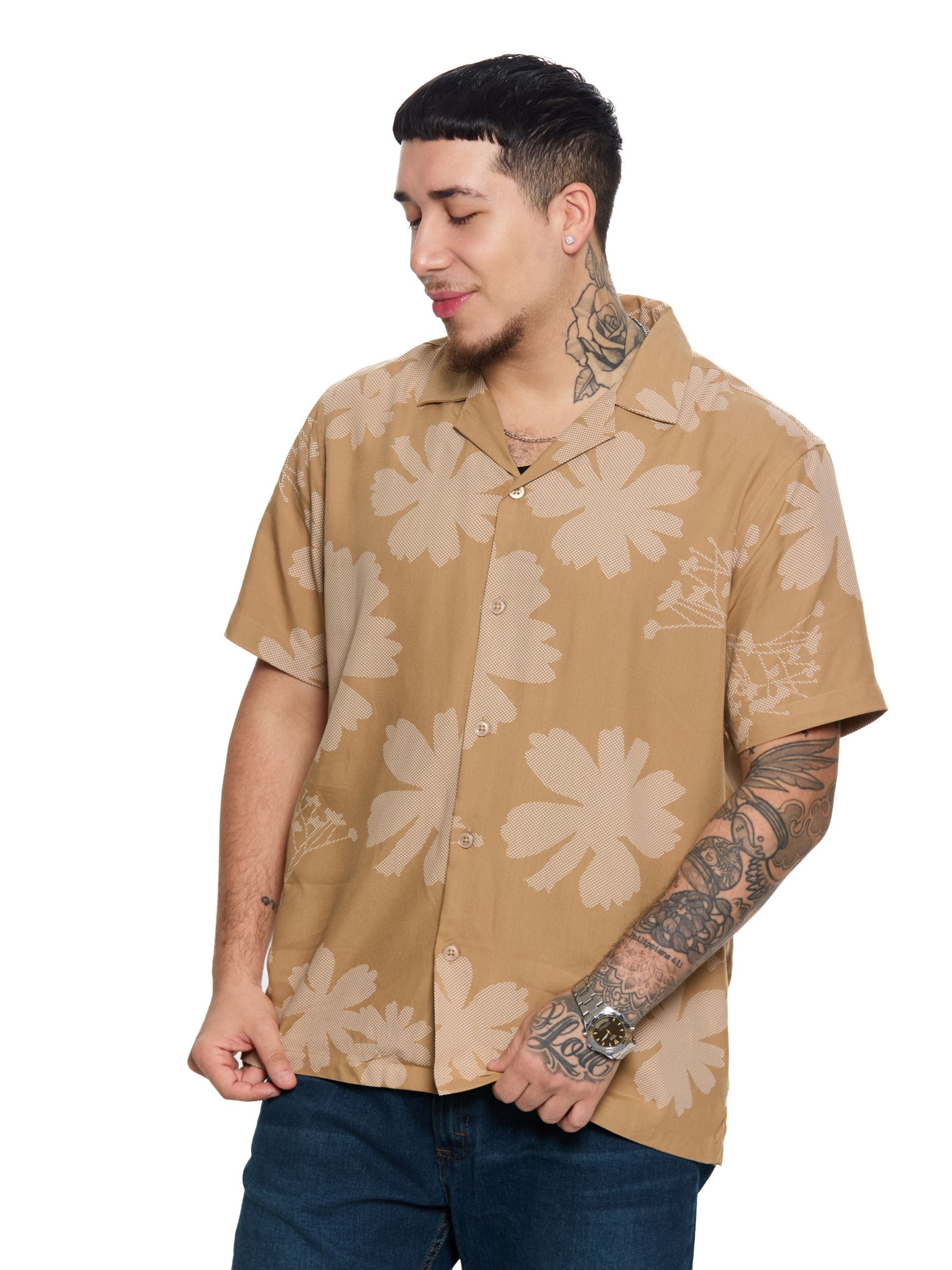 T&3s Azure Bloom Cuban Collar Viscose Shirt - Neutral Floral