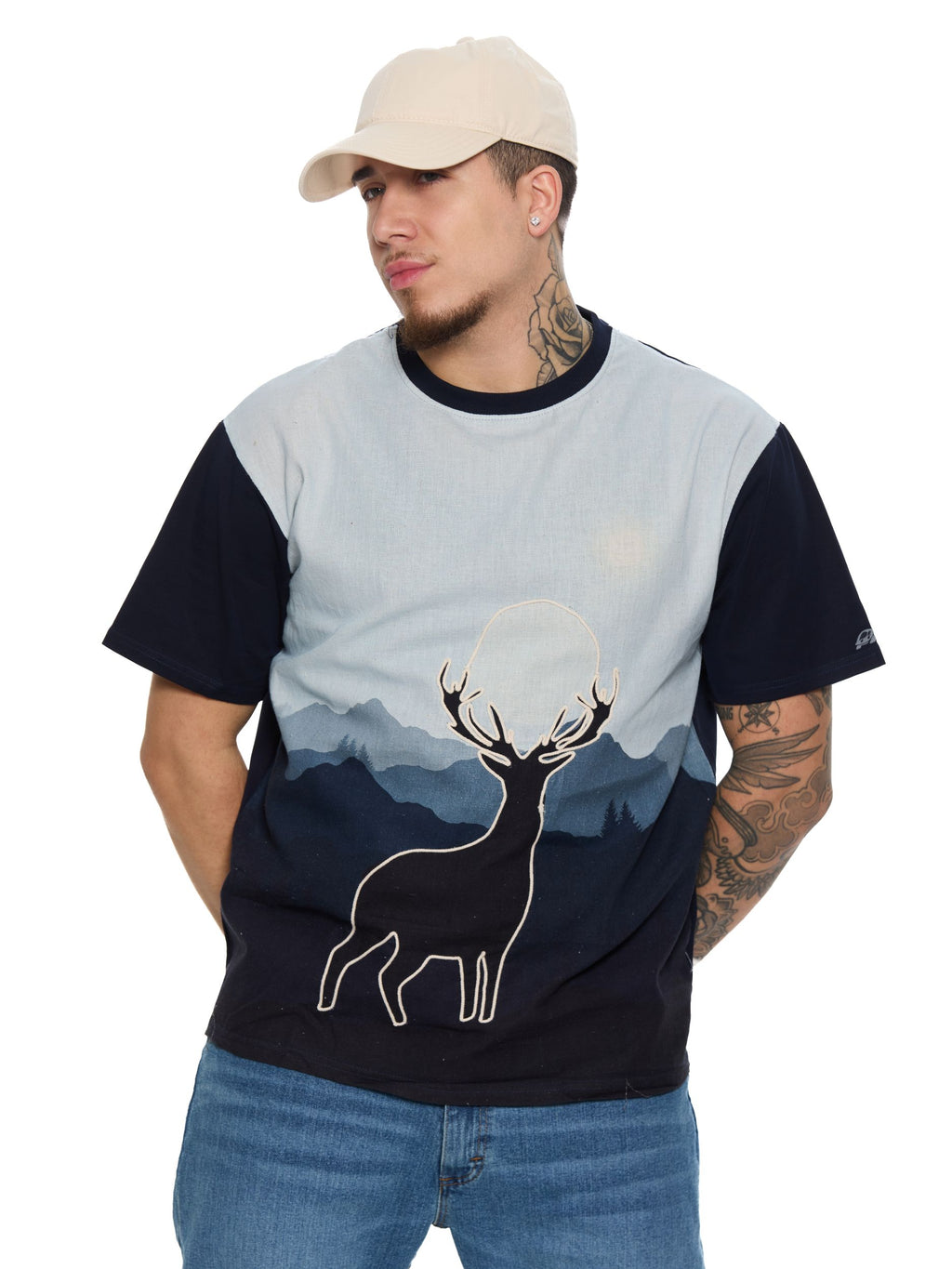 T&3s Graphic T-Shirt – Handcrafted String Embroidery - Wild Deer