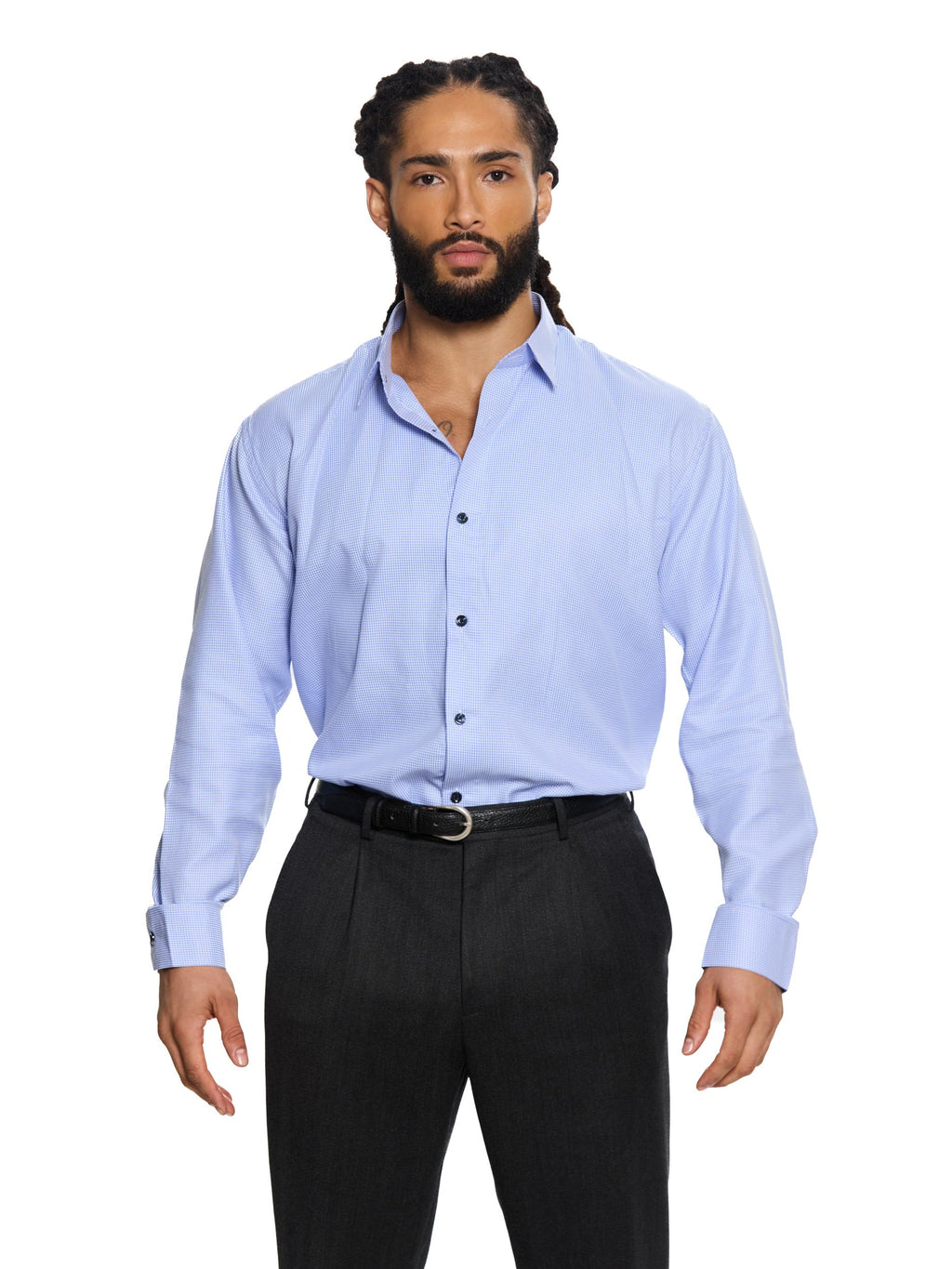 T&3s Midnight Grid Performance Button-Down Shirt - Powder Blue