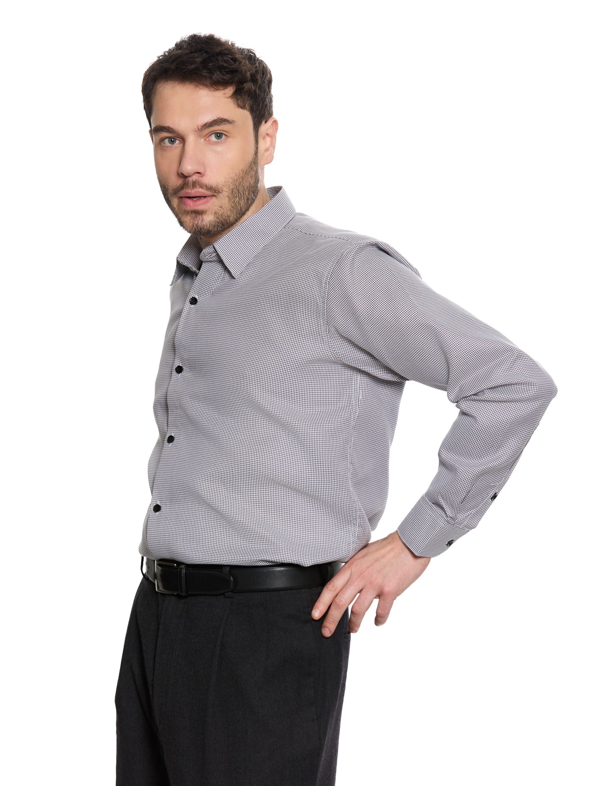T&3s Midnight Grid Performance Button-Down Shirt - Slate Gray