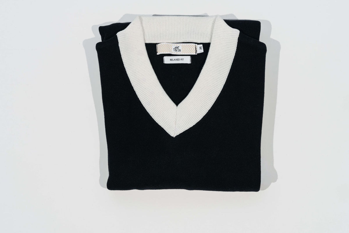 T&3s Monarch Knit V-Neck Cotton Sweater - Black