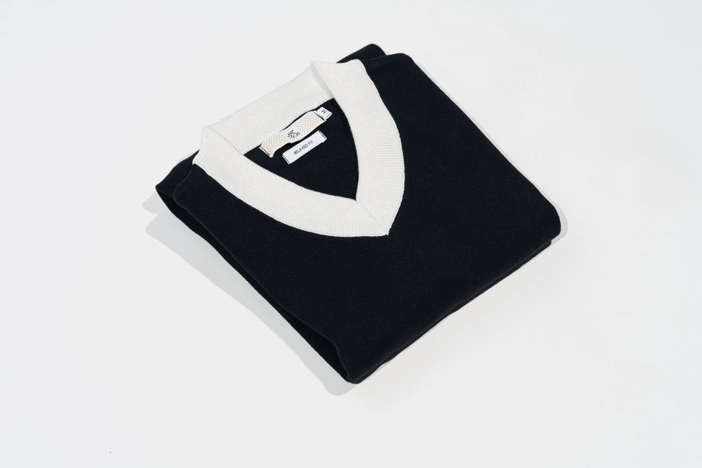 T&3s Monarch Knit V-Neck Cotton Sweater - Black