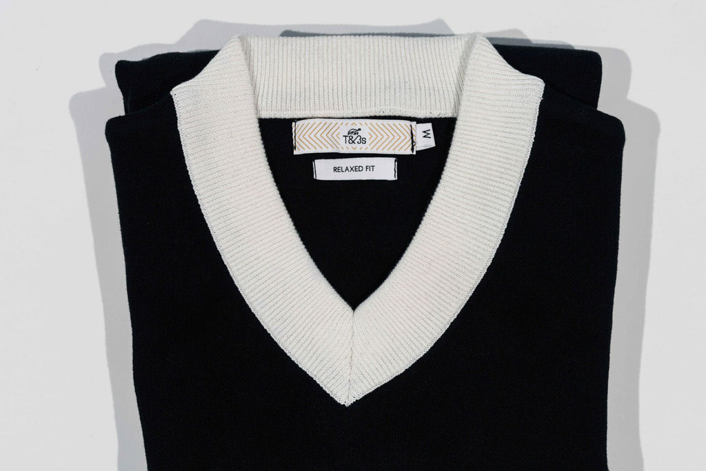 T&3s Monarch Knit V-Neck Cotton Sweater - Black