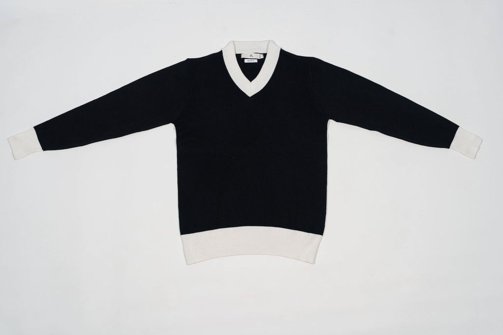 T&3s Monarch Knit V-Neck Cotton Sweater - Black