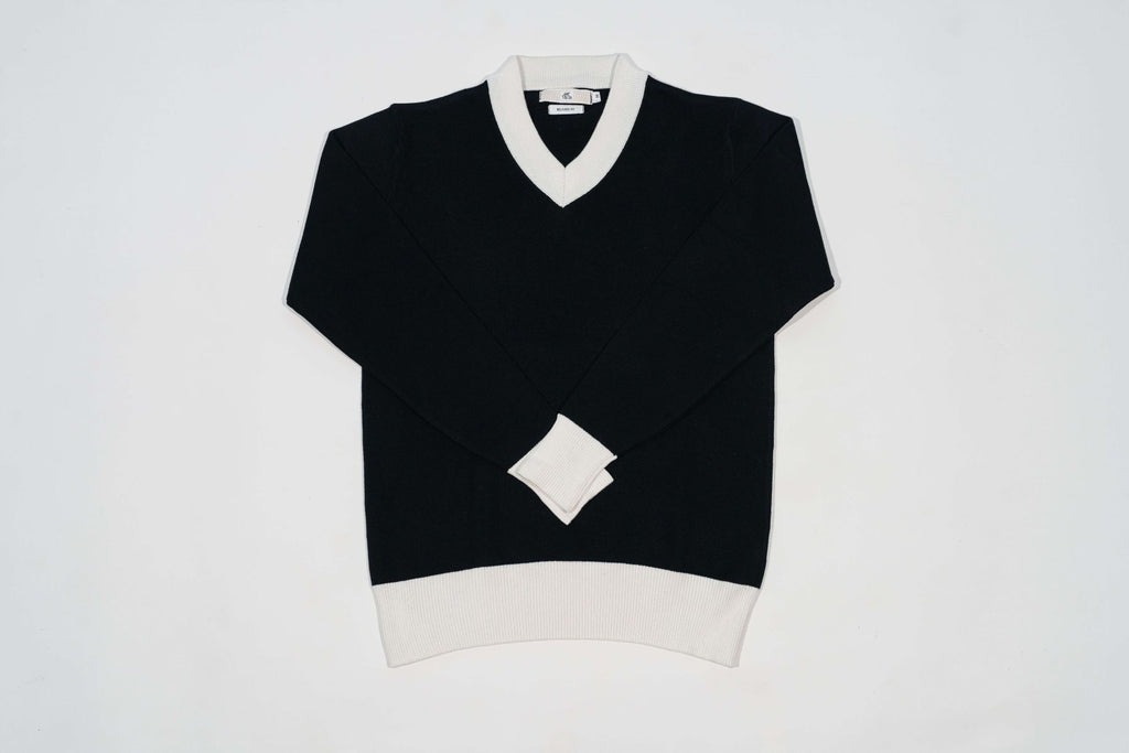 T&3s Monarch Knit V-Neck Cotton Sweater - Black