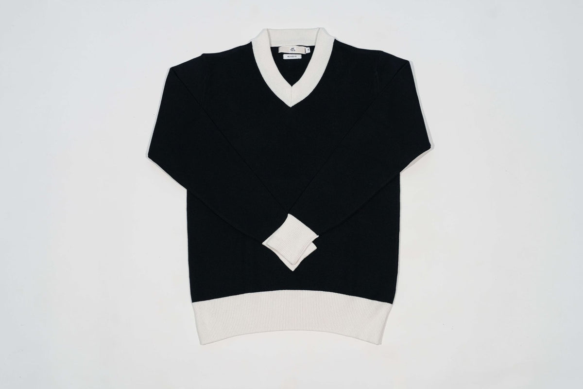T&3s Monarch Knit V-Neck Cotton Sweater - Black