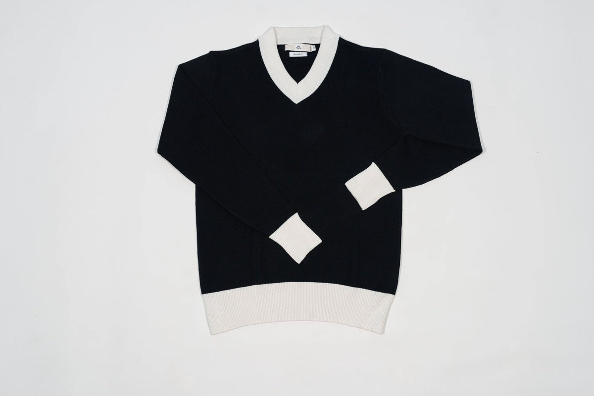 T&3s Monarch Knit V-Neck Cotton Sweater - Black