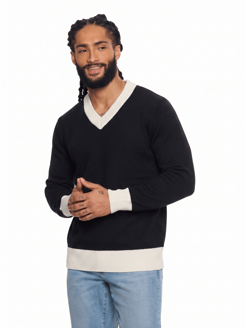T&3s Monarch Knit V-Neck Cotton Sweater - Black