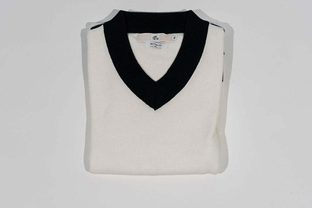 T&3s Monarch Knit V-Neck Cotton Sweater - White