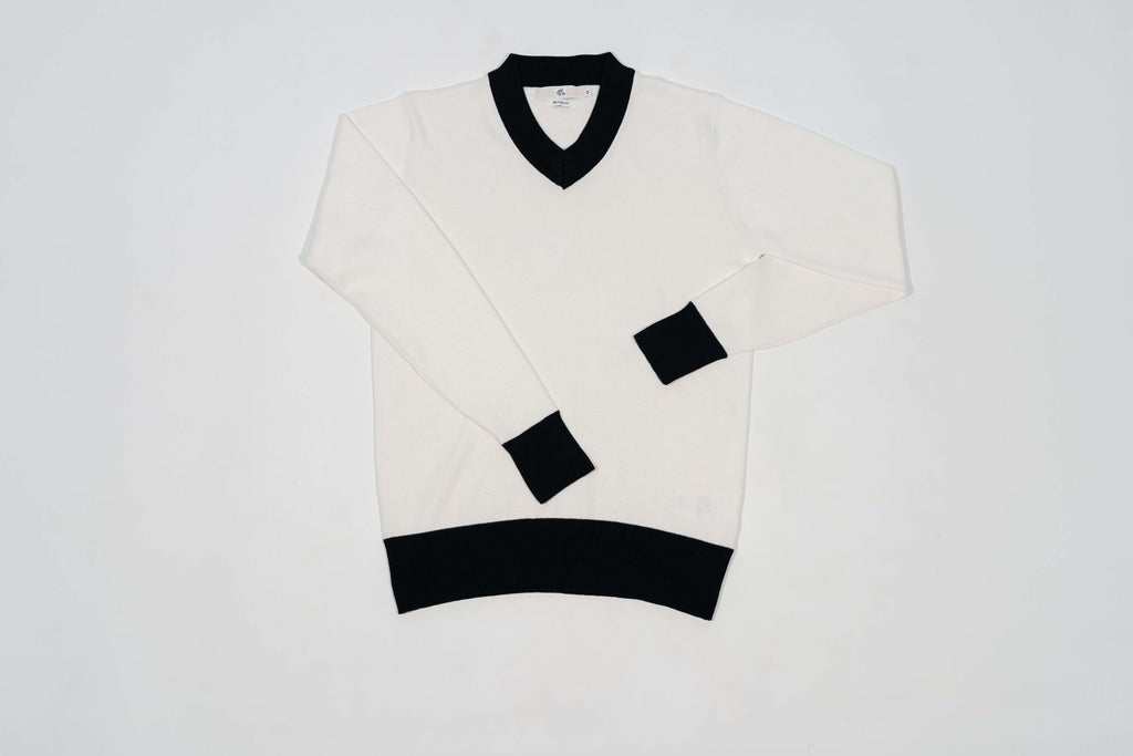 T&3s Monarch Knit V-Neck Cotton Sweater - White
