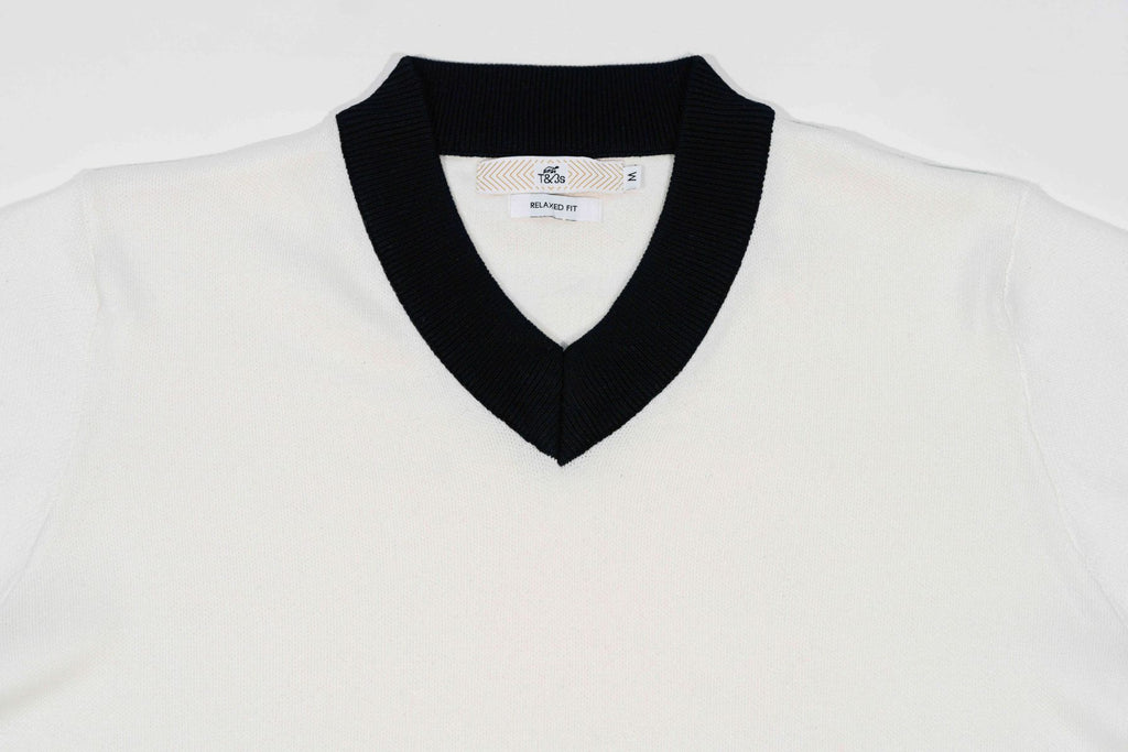 T&3s Monarch Knit V-Neck Cotton Sweater - White