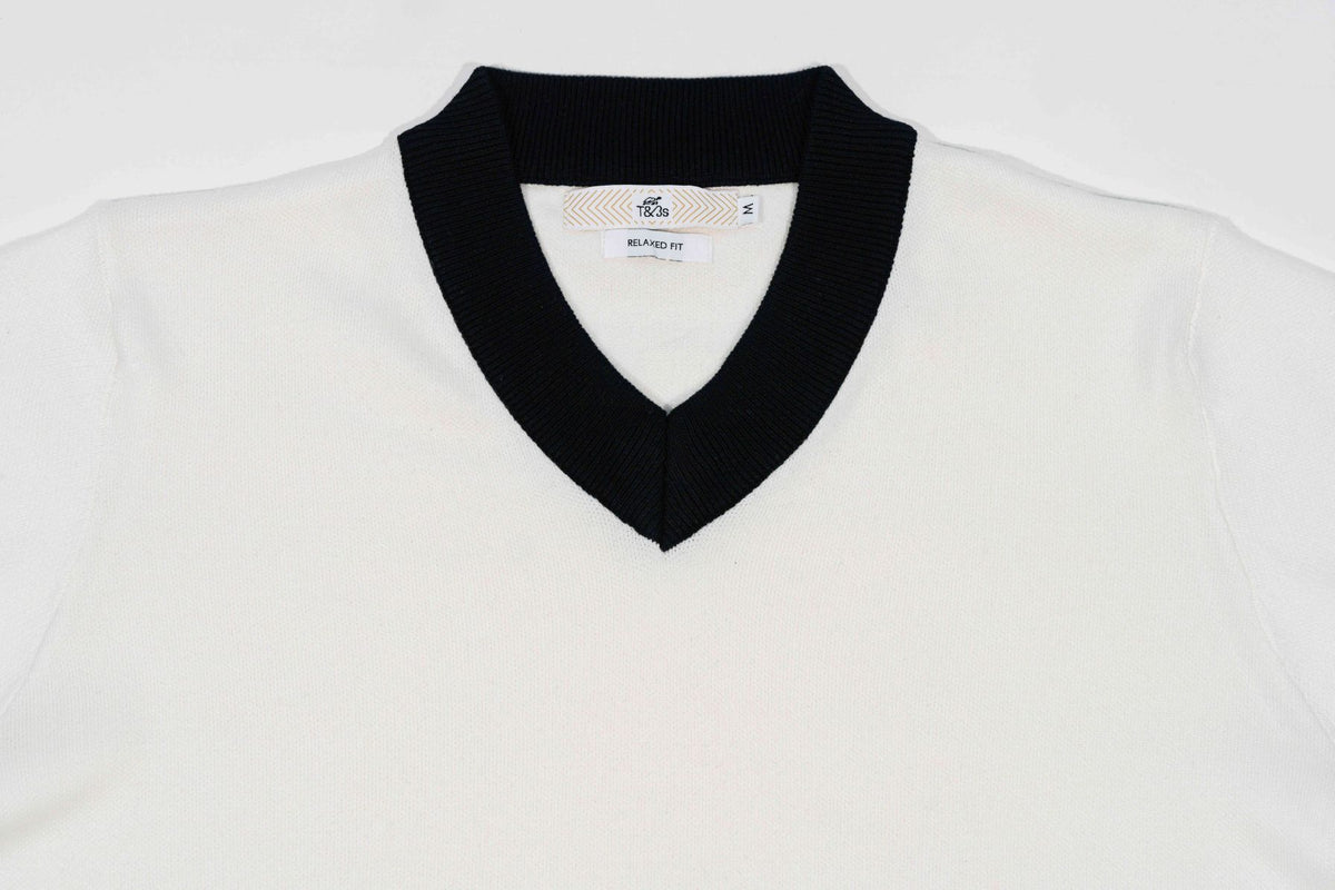 T&3s Monarch Knit V-Neck Cotton Sweater - White