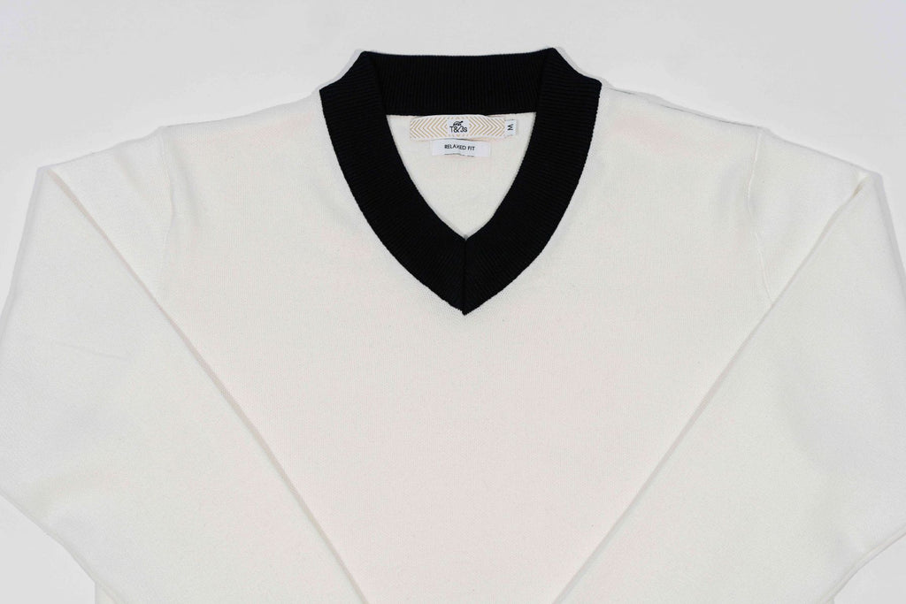 T&3s Monarch Knit V-Neck Cotton Sweater - White