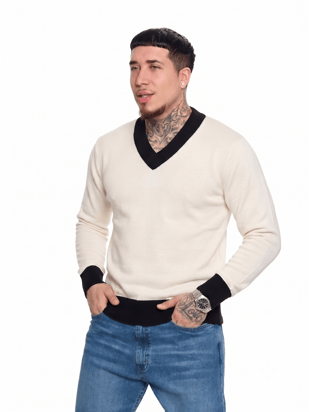 T&3s Monarch Knit V-Neck Cotton Sweater - White