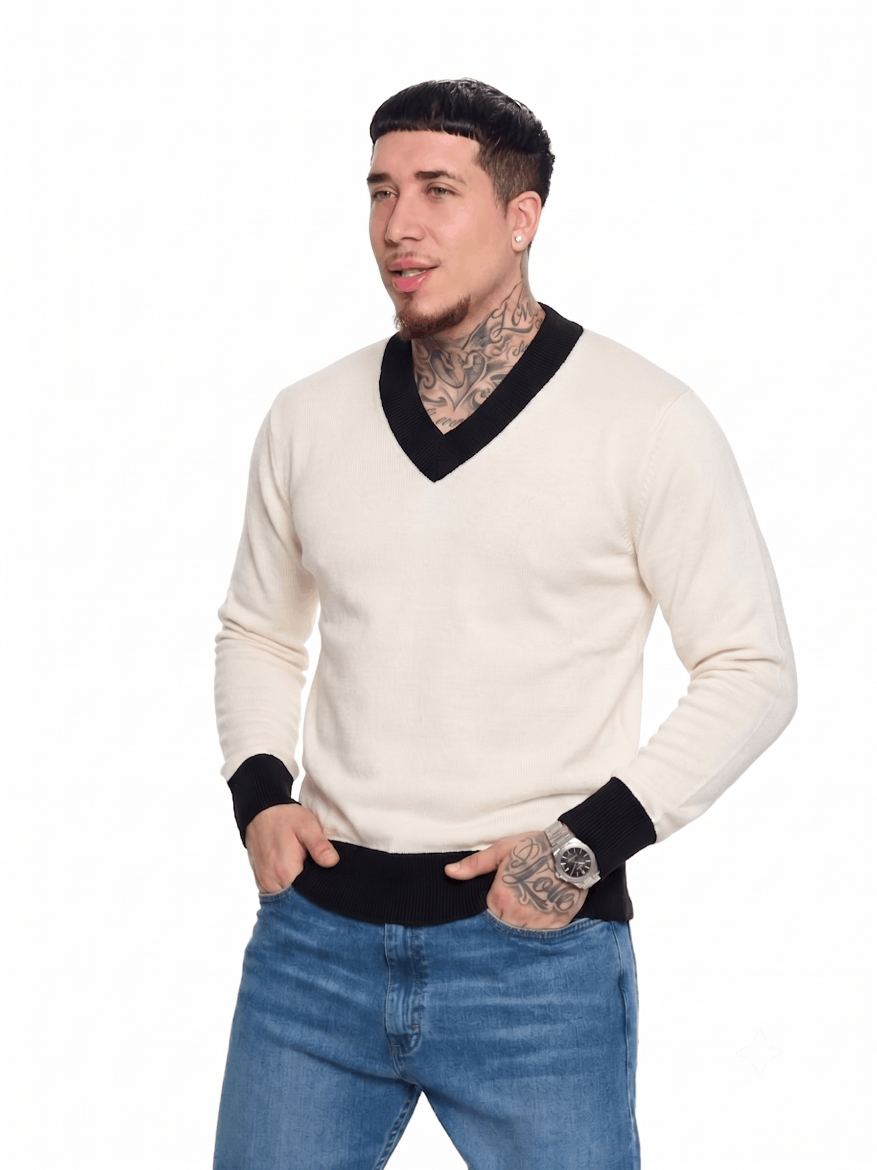 T&3s Monarch Knit V-Neck Cotton Sweater - White