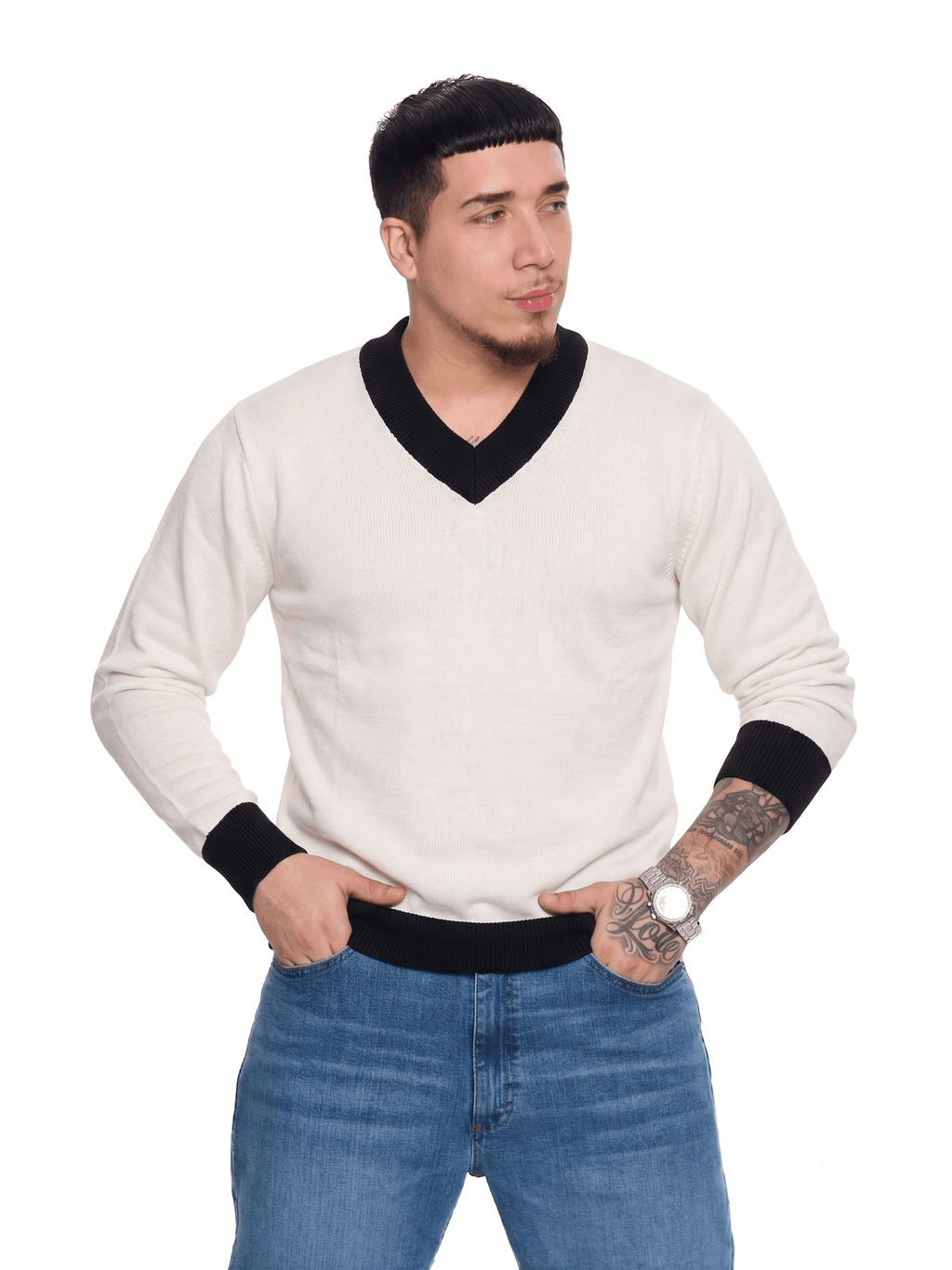 T&3s Monarch Knit V-Neck Cotton Sweater - White
