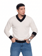 T&3s Monarch Knit V-Neck Cotton Sweater - White