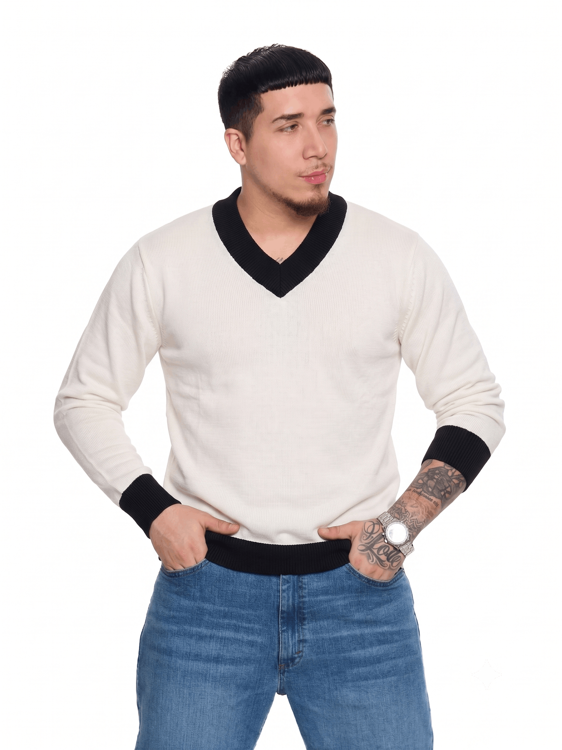 T&3s Monarch Knit V-Neck Cotton Sweater - White