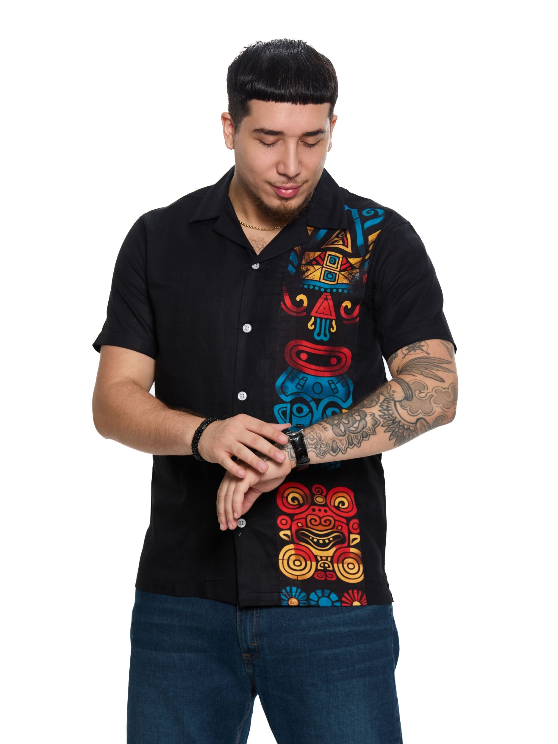 T&3s Vista Cuban Collar Cotton Shirt - Black