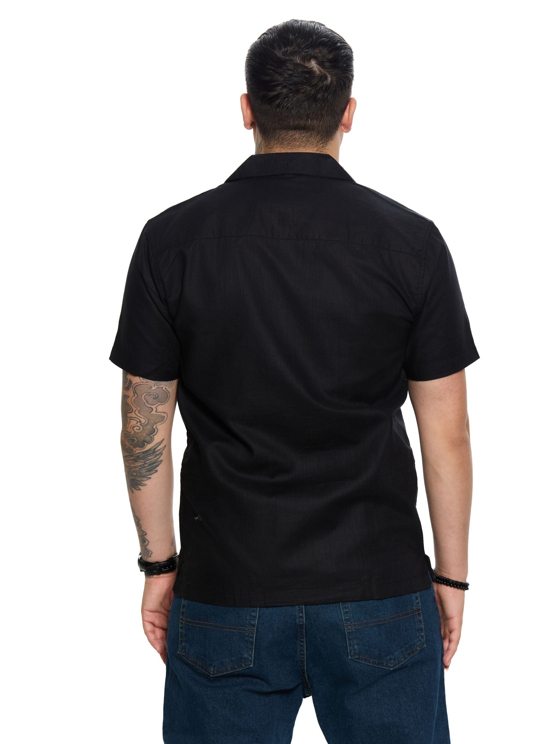 T&3s Vista Cuban Collar Cotton Shirt - Black