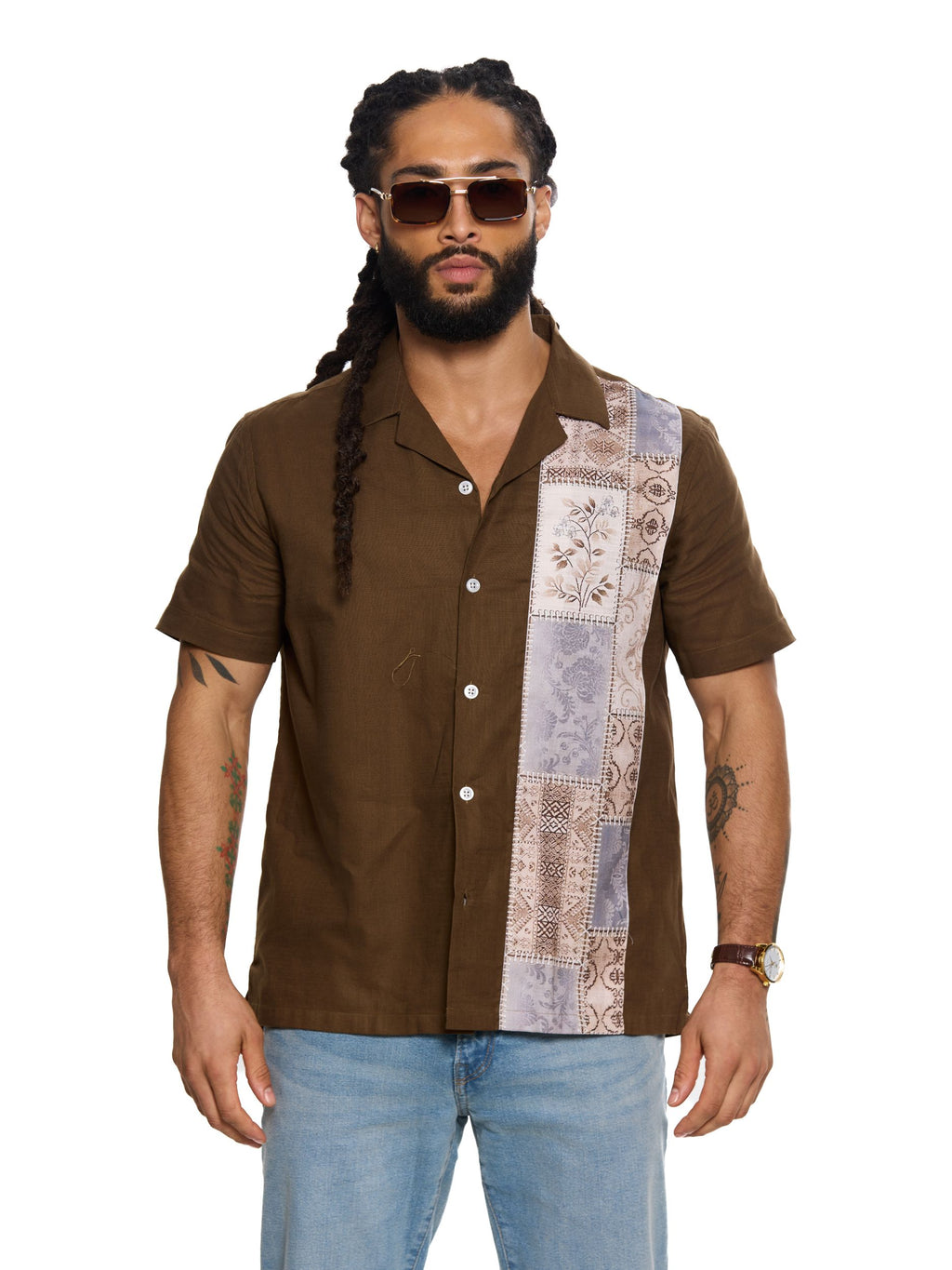 T&3s Vista Cuban Collar Cotton Shirt - Chocolate Brown