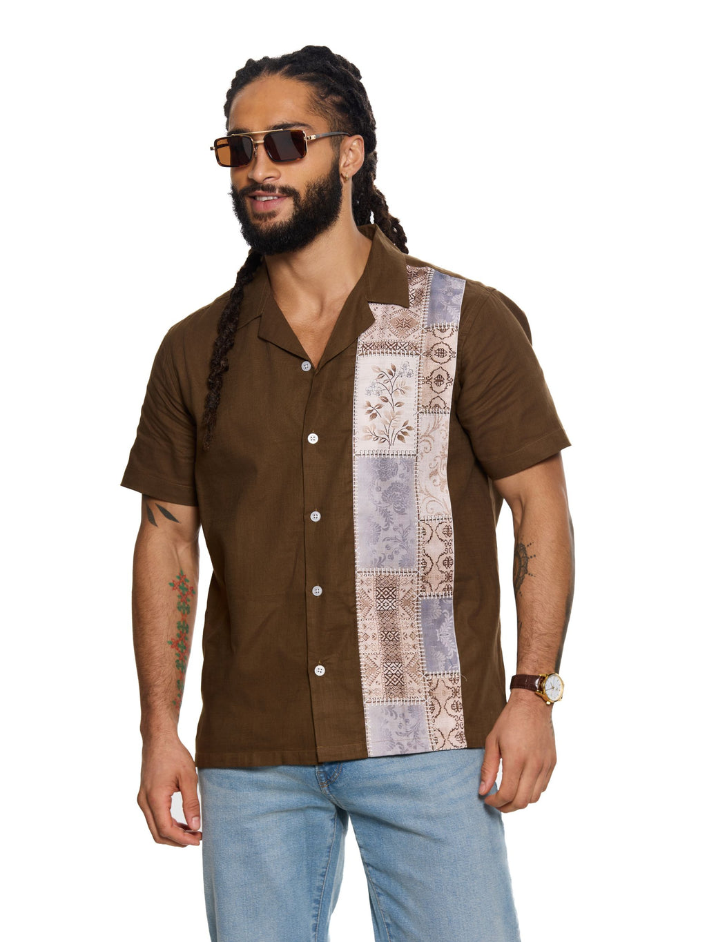 T&3s Vista Cuban Collar Cotton Shirt - Chocolate Brown