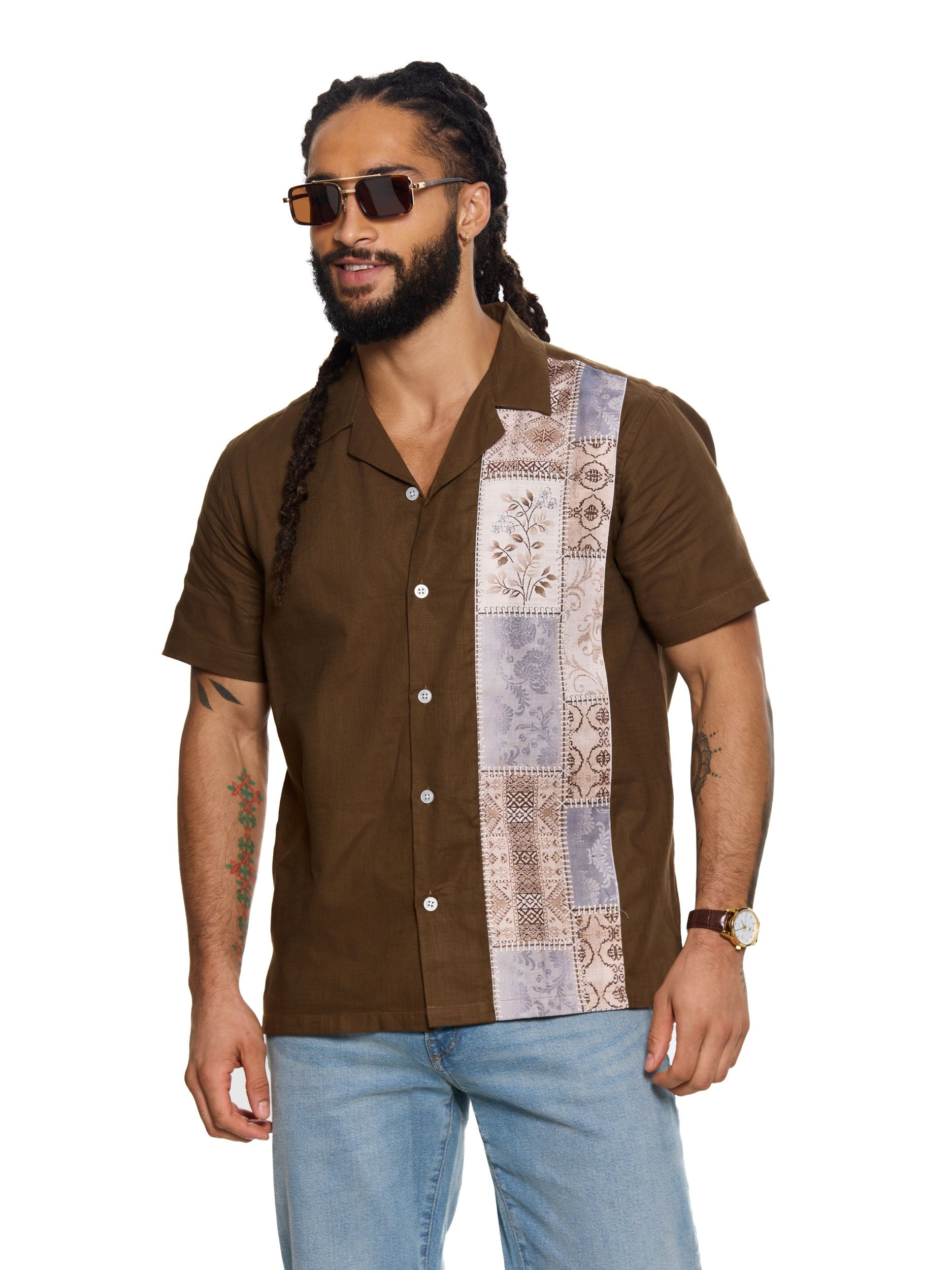T&3s Vista Cuban Collar Cotton Shirt - Chocolate Brown