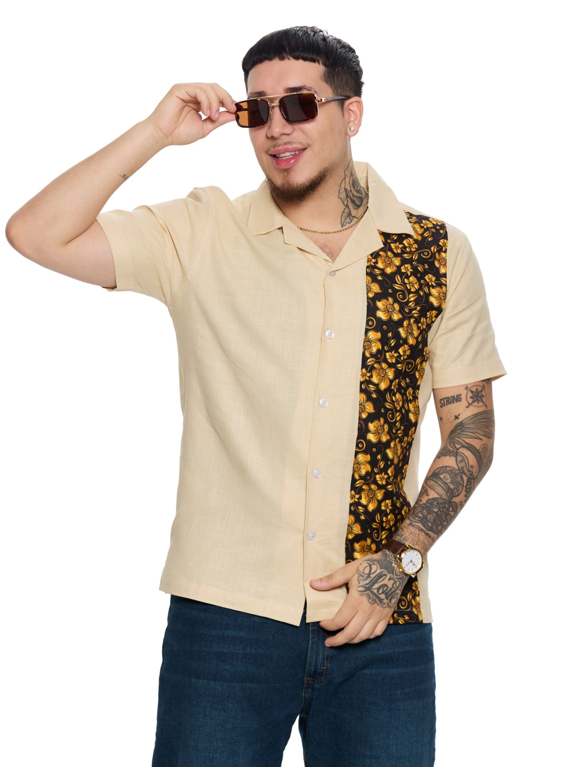 T&3s Vista Cuban Collar Cotton Shirt - Tan