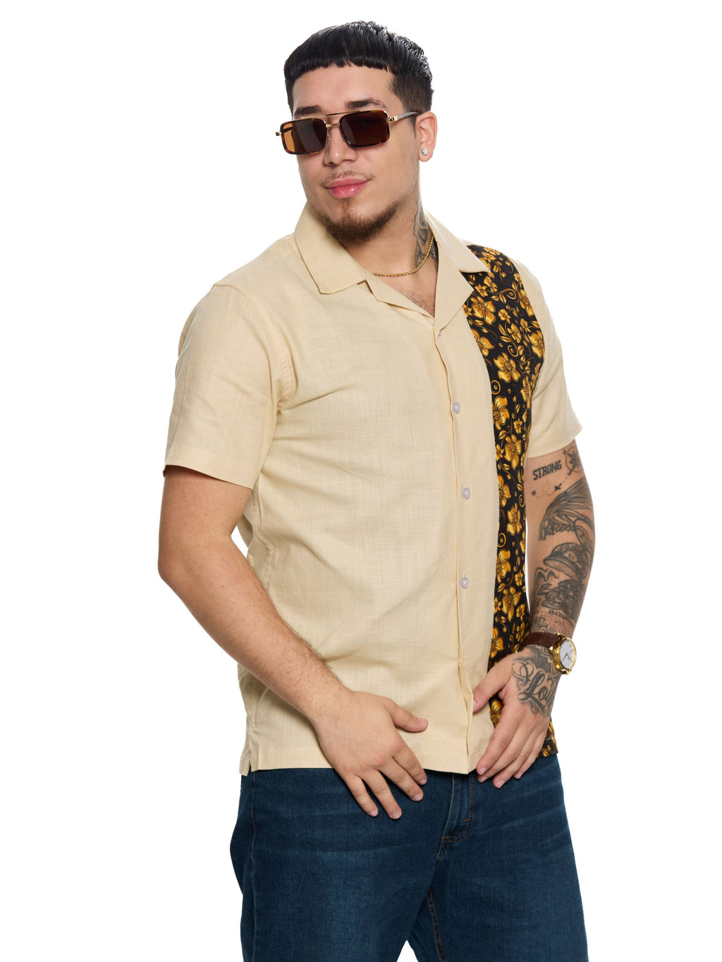 T&3s Vista Cuban Collar Cotton Shirt - Tan