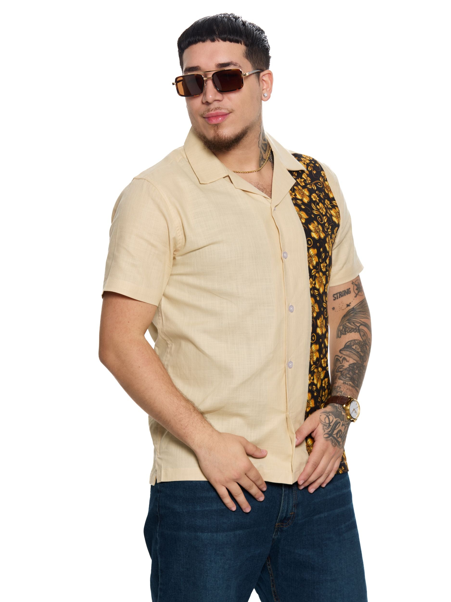 T&3s Vista Cuban Collar Cotton Shirt - Tan